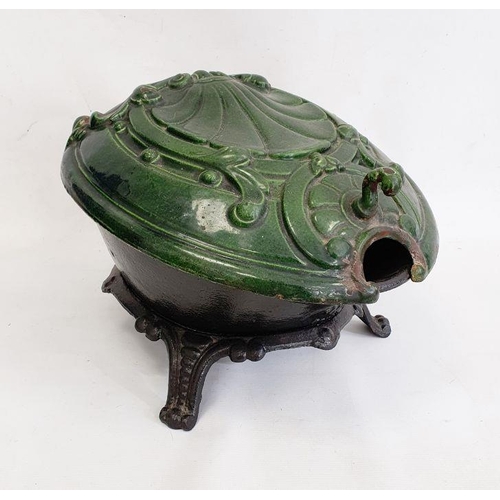 205 - Cast iron and green enamel coal box with scallopshell moulded hinged lid, 48cm long