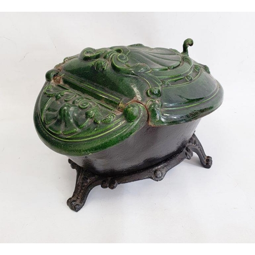 205 - Cast iron and green enamel coal box with scallopshell moulded hinged lid, 48cm long