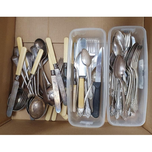 258 - Assorted flatware, candlesticks, teapot, jugs, trays, etc, two cased canteens of flatware and a rect... 