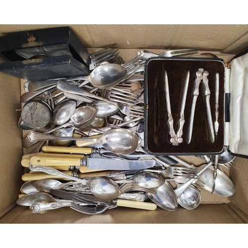 261 - Quantity of assorted flatware, wooden salad servers, plastic cutlery and assorted plated and stainle... 