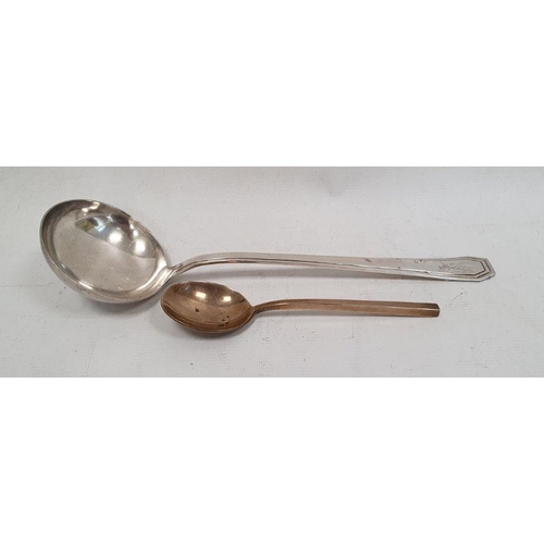 269 - 20th century silver-coloured metal ladle with silver marks POP(?) and cross 10c, 32cm long approx. a... 