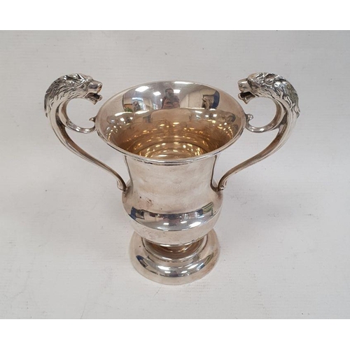 278 - 1920's silver two-handled trophy cup with lion head handles, on circular base, Birmingham 1924, make... 