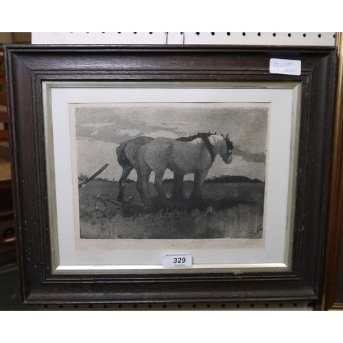 329 - H Green 
 Aquatint 
 Two carthorses, signed in pencil lower right