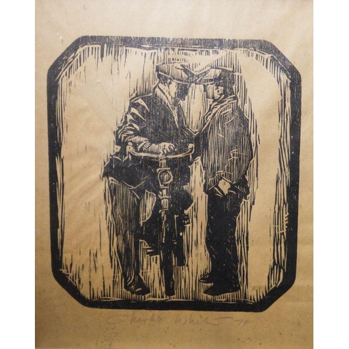 332 - Charles White (1928-1997) ( Welsh ) 
 Pair of linocuts
 Man with bicycle and man carrying baskets, b... 