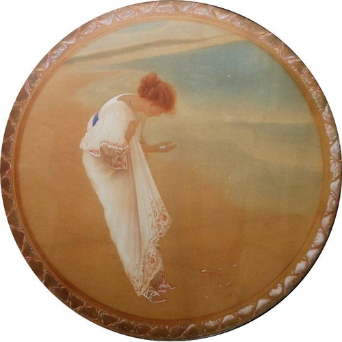 375 - Early 20th century school
 Watercolour on colour print
 Oval portrait of a young girl collecting she... 