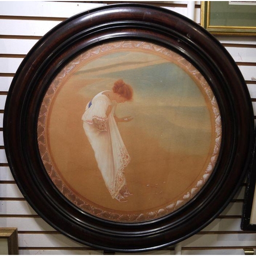 375 - Early 20th century school
 Watercolour on colour print
 Oval portrait of a young girl collecting she... 