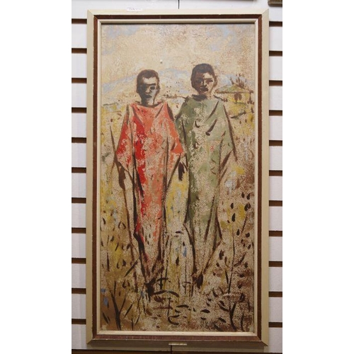 385B - Jan Buys (1909 - 1985)
 Oils
 African tribesmen, signed lower right, 50 x 25 cm