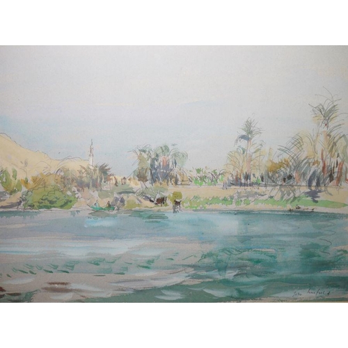 385 - John Linfield (b.1930)
 Watercolour
 'Egypt - Palm Groves and Fishermen' bears Bankside Gallery labe... 