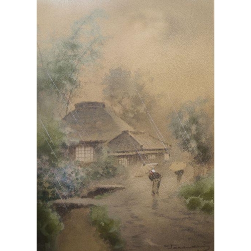 396 - 20th century school
 Watercolour 
 Japanese figure in the rain, signed indistinctly lower left, 30cm... 