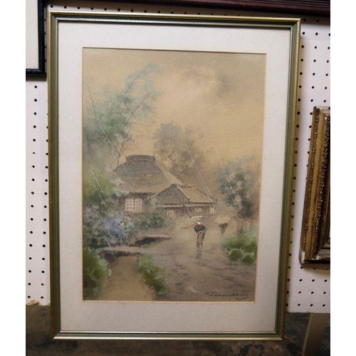 396 - 20th century school
 Watercolour 
 Japanese figure in the rain, signed indistinctly lower left, 30cm... 