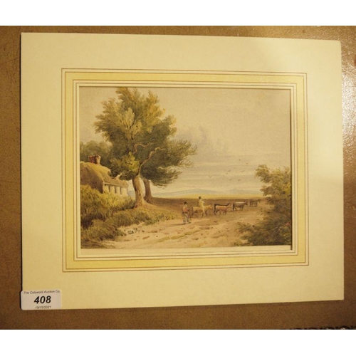 408 - 19th century school
 Watercolour drawing
 Rustic scene with figures and cattle, 15cm x 20cm, unframe... 