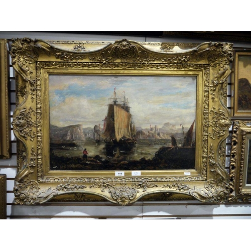 418 - British school (19th century)
 Oil on canvas
 Sailing ship off a rocky shoreline with castle and fig... 