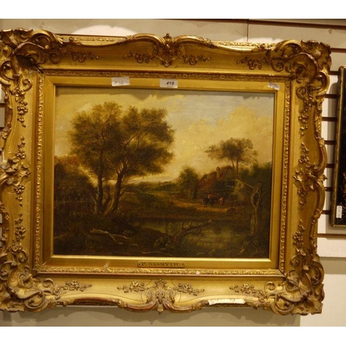 419 - Attributed to Patrick Nasmyth (1787-1831) 
 Oil on canvas
 Rural scene with figures by a lake, with ... 