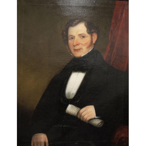 420 - British school (19th century) 
 Oil on canvas
 Pair of half-length portraits, gentleman seated in fr... 