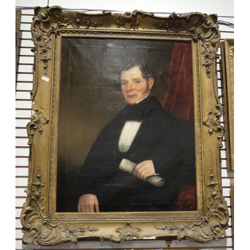 420 - British school (19th century) 
 Oil on canvas
 Pair of half-length portraits, gentleman seated in fr... 