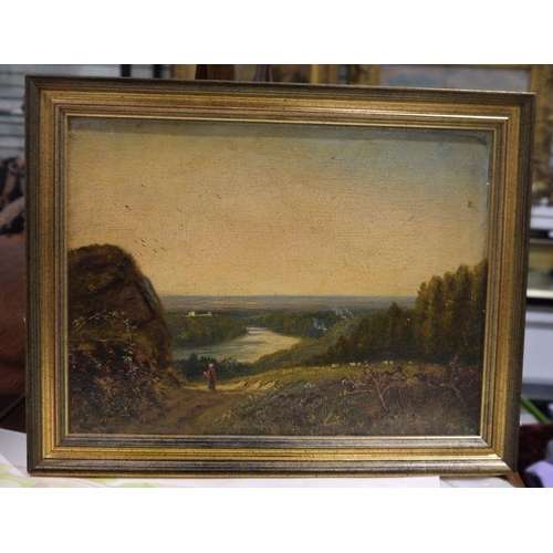 421 - J Smith (19th century school)
 Oil on board
 Figure in rural landscape with river beyond, signed low... 