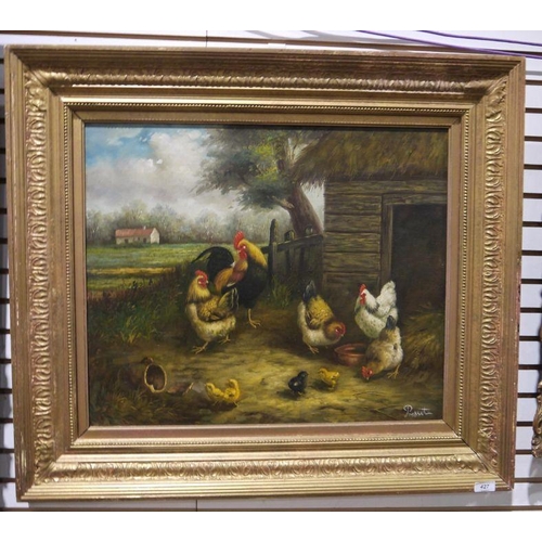 427 - Presset (20th century school)
 Oil on canvas 
 Rooster and chickens in farm scene, signed lower righ... 