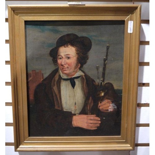 432 - 19th century school
 Oil on board
 Half-length portrait of a gentleman with a bagpipe, unsigned, 27c... 