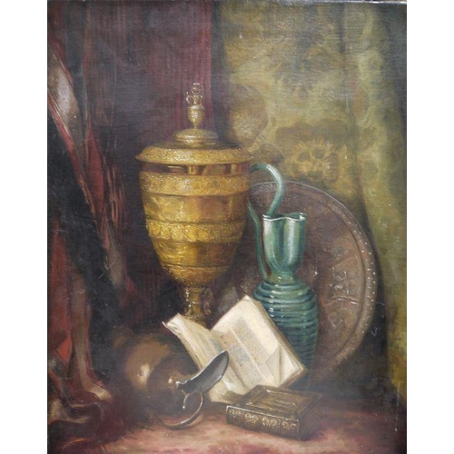 435 - Early 20th century school 
 Oil on canvas
 Still life of books with urns, unsigned, labelled verso '... 