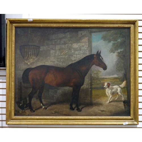 436 - E J Keeling (1856-1873)
 Oil on canvas
 Chestnut horse in a stable interior with spaniel in the door... 