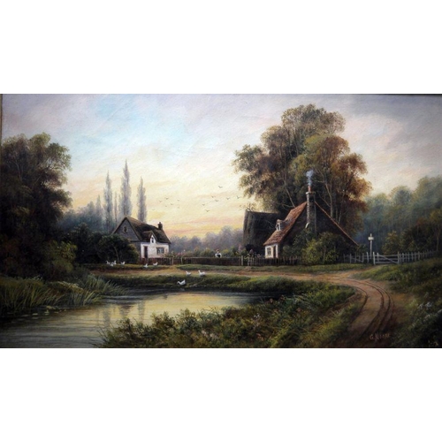 439 - G Norman (early 20th century school)
 Pair of oils on canvas 
 Figure leaving cottage with church be... 