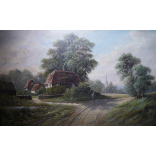 439 - G Norman (early 20th century school)
 Pair of oils on canvas 
 Figure leaving cottage with church be... 