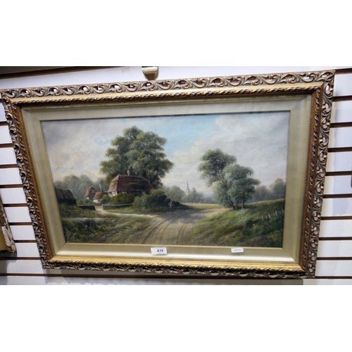 439 - G Norman (early 20th century school)
 Pair of oils on canvas 
 Figure leaving cottage with church be... 