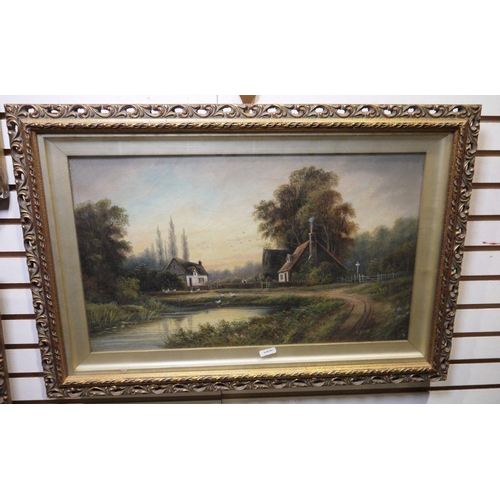 439 - G Norman (early 20th century school)
 Pair of oils on canvas 
 Figure leaving cottage with church be... 