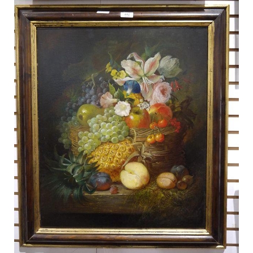 442 - William E D Stuart (fl.1846-1858)
 Oil on canvas
 Still life of a basket of fruit and flowers includ... 