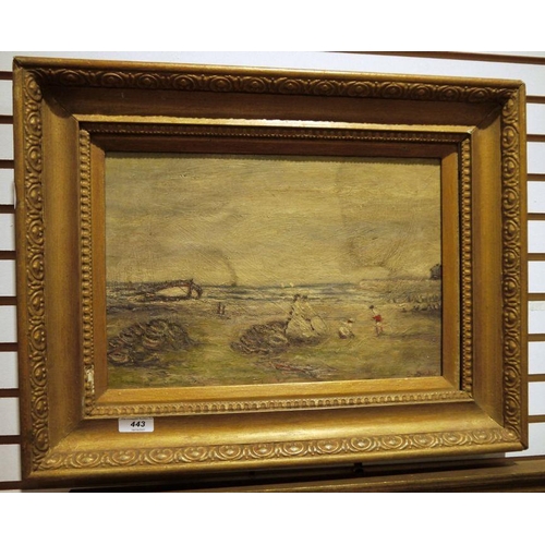 443 - Early 20th century school
 Oil on canvas
 Coastal scene with figures, signed indistinctly lower righ... 