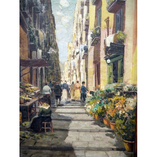 449 - Pasini (20th century) 
 Pair of oils on canvas
 Italian street scenes with figures, signed lower lef... 