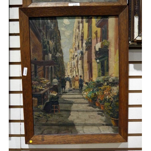 449 - Pasini (20th century) 
 Pair of oils on canvas
 Italian street scenes with figures, signed lower lef... 