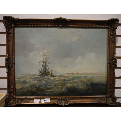 451 - Ted Dyer (b.1940)
 Oil on canvas
 Ship scene near beach, indistinctly signed lower right, 30cm x 40c... 