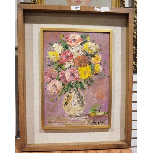 460 - Continental school (20th century)
 Oil on board
 Still life of flowers in a jug, signed indistinctly... 