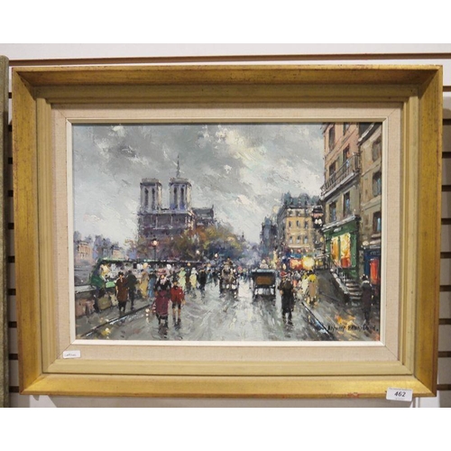 462 - Antoine Blanchard (1910-1988) 
 Oil on canvas
 Paris street scene with Notre Dame in stormy weather,... 