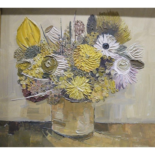 471 - Kate Delhanty 
 Oil on board
 Still life - Vase of flowers, signed and dated '80, 13.5cm x 15cm, tog... 