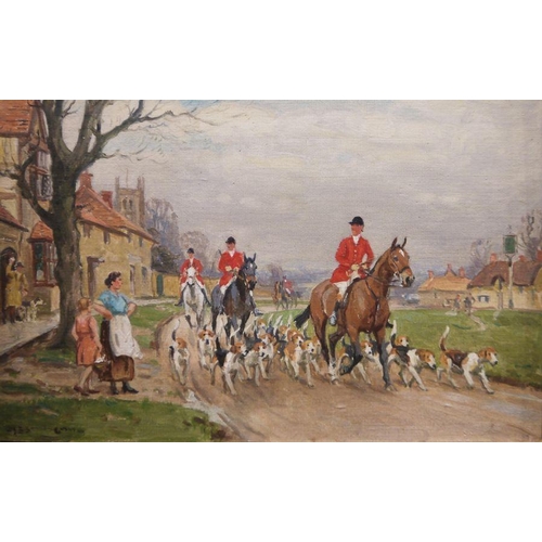 472 - John Sanderson Wells (1872-1955)
 Pair oils on board
 Hunting scenes, Huntsmen and hounds on village... 