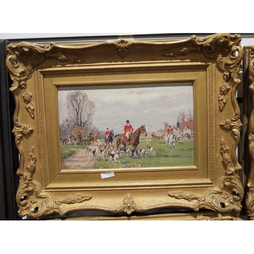 472 - John Sanderson Wells (1872-1955)
 Pair oils on board
 Hunting scenes, Huntsmen and hounds on village... 