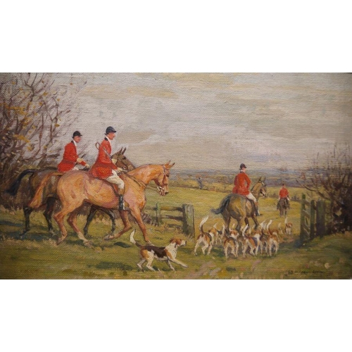 473 - John Sanderson Wells (1872-1955)
 Set of three oils on board
 Hunting scenes, Huntsmen and hounds on... 