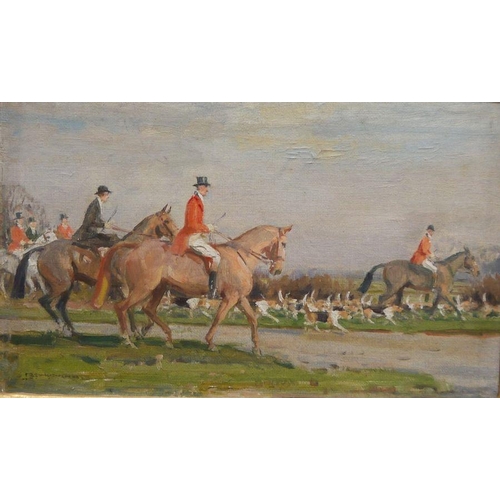 473 - John Sanderson Wells (1872-1955)
 Set of three oils on board
 Hunting scenes, Huntsmen and hounds on... 