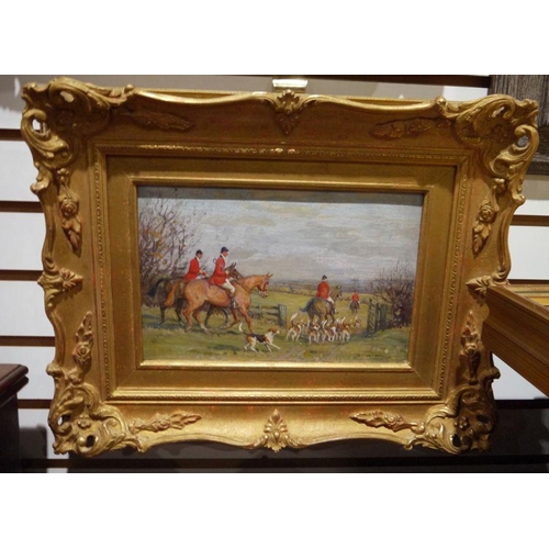 473 - John Sanderson Wells (1872-1955)
 Set of three oils on board
 Hunting scenes, Huntsmen and hounds on... 