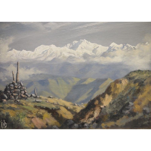 478 - Jimmy Hulbert (20th century)
 Oil on canvas board
 Mountainous view, signed with monogram lower left... 