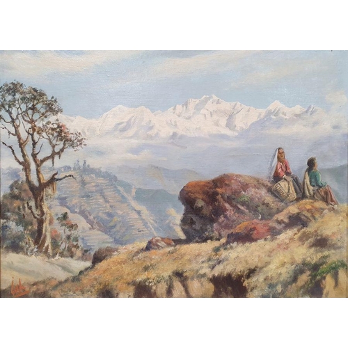 479 - Jimmy Hulbert (20th century)
 Oil on canvas board
 Mountainous scene with terraces and figures seate... 