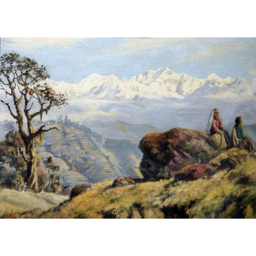 479 - Jimmy Hulbert (20th century)
 Oil on canvas board
 Mountainous scene with terraces and figures seate... 