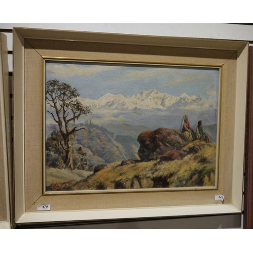 479 - Jimmy Hulbert (20th century)
 Oil on canvas board
 Mountainous scene with terraces and figures seate... 