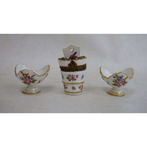 48 - Two Meissen porcelain miniature trefoil pedestal bowls, relief floral spray and bug decorated, with ... 