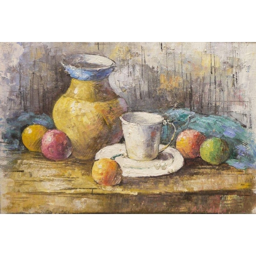 480 - W. Adams (20th century)
  Oils on canvas
  Pair, still life, fruit and vessels on a table, signed, 1... 