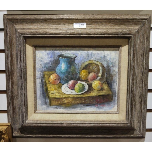 480 - W. Adams (20th century)
  Oils on canvas
  Pair, still life, fruit and vessels on a table, signed, 1... 