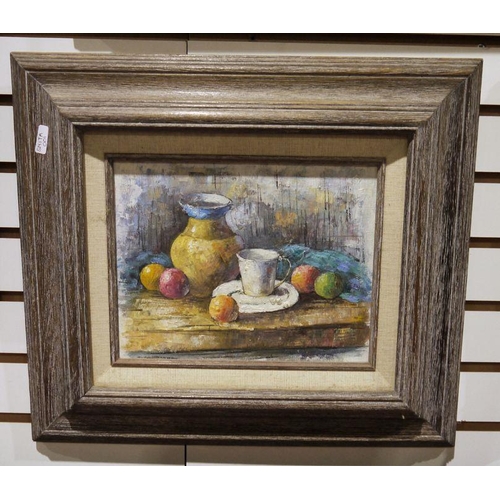 480 - W. Adams (20th century)
  Oils on canvas
  Pair, still life, fruit and vessels on a table, signed, 1... 