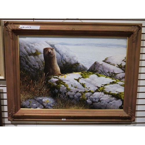 483 - Terence Lambert (b1951)
 Acrylic on canvas
 Study of an otter peering from behind rock at the sea's ... 